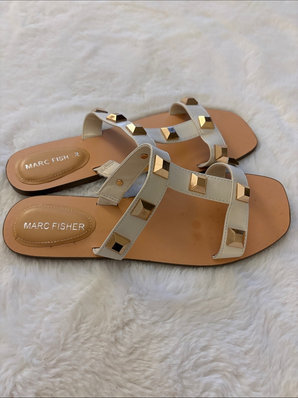 Marc Fisher White Leather Studded Slide Sandals Size: 9